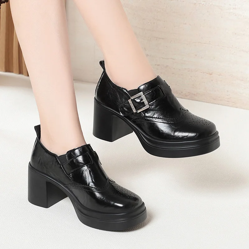 

6.5cm British Style Retro Thick Bottom Soft Leather Loafers Women 2026 Spring Block Heels Platform Shoes for Office Work Mom