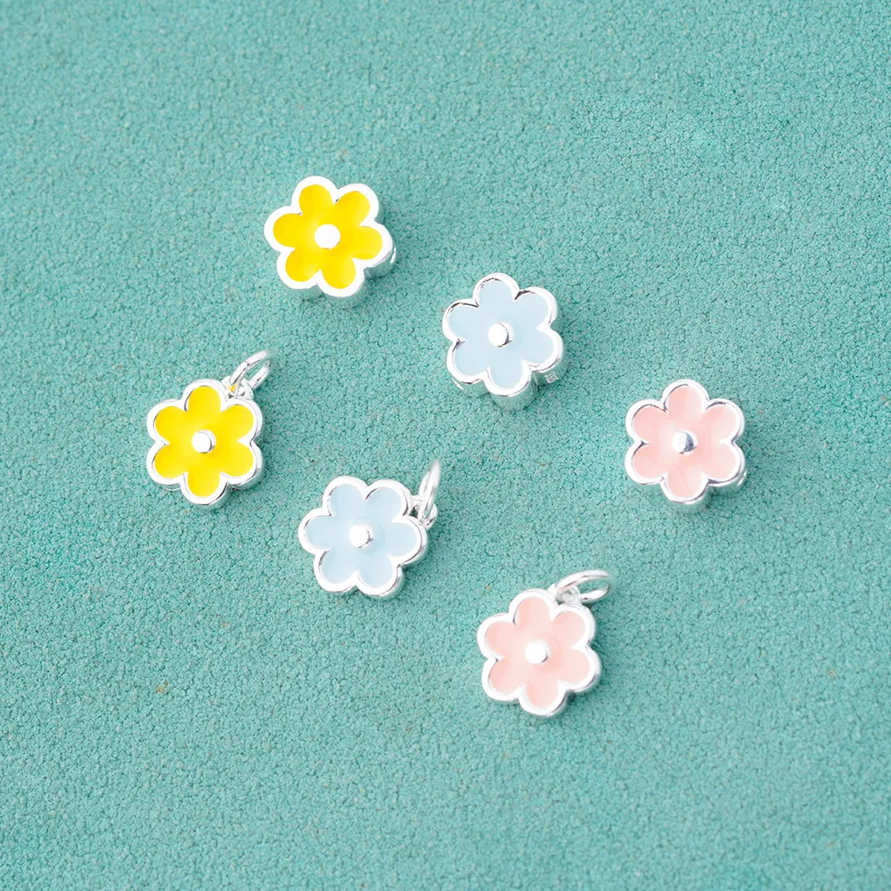 Charms 925 Silver Drip Glue Colored Flowers Necklace Pendant Handmade DIY Accessories Charms for Bracelet Plata 925