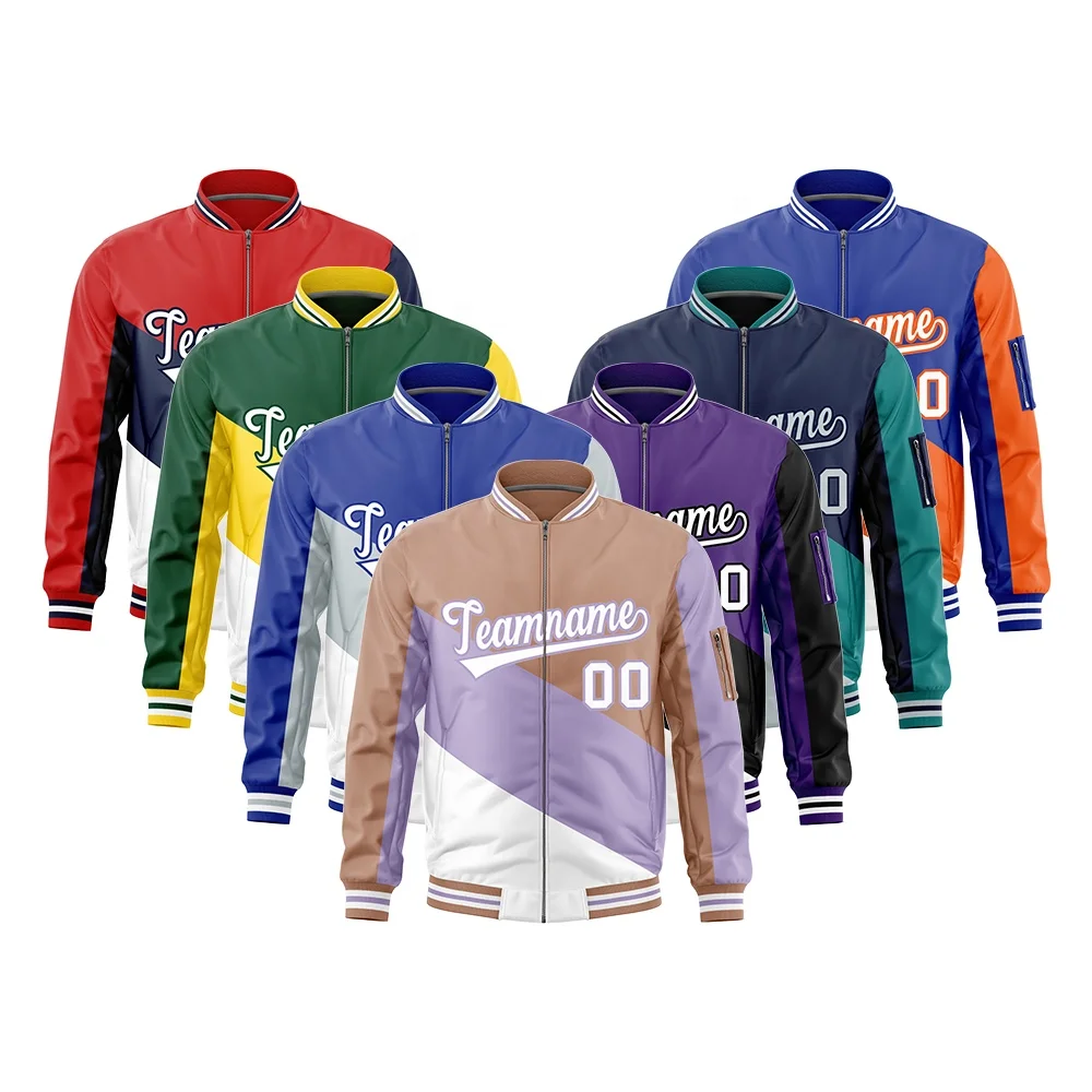 

Оптовая продажа, настраиваемая холщовая куртка-бомбер, университетская куртка с цветными блоками, дизайн Letterman, сшитая спереди подставка для имени и номера на зиму