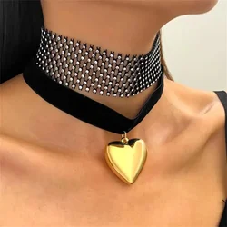 Vintage Black Velvet Crystal Chain Necklace For Women Fashion Female Punk Multilevel Gold-plate Heart Pendant Choker Jewelry