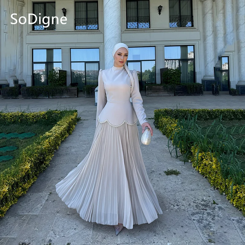 

SoDigne Elegant A-Line Evening Dress Full Sleeves Suit Saudi Arabic Chiffon Formal Prom Gowns Customized
