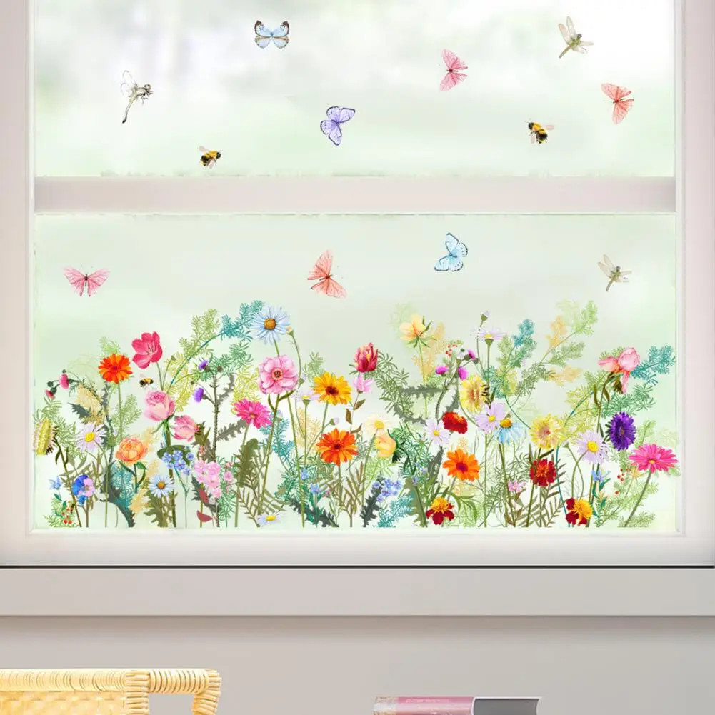 Easy Peel Stick Wall Art Waterproof Cartoon Plants Wall Sticker with Flower Grass Butterfly Decals for Room Girls Bedroom