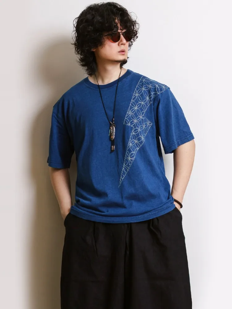 Japanese Printed Blue Dyed Distressed Short Sleeved Summer Pure Cotton Indigo Casual T-shirt