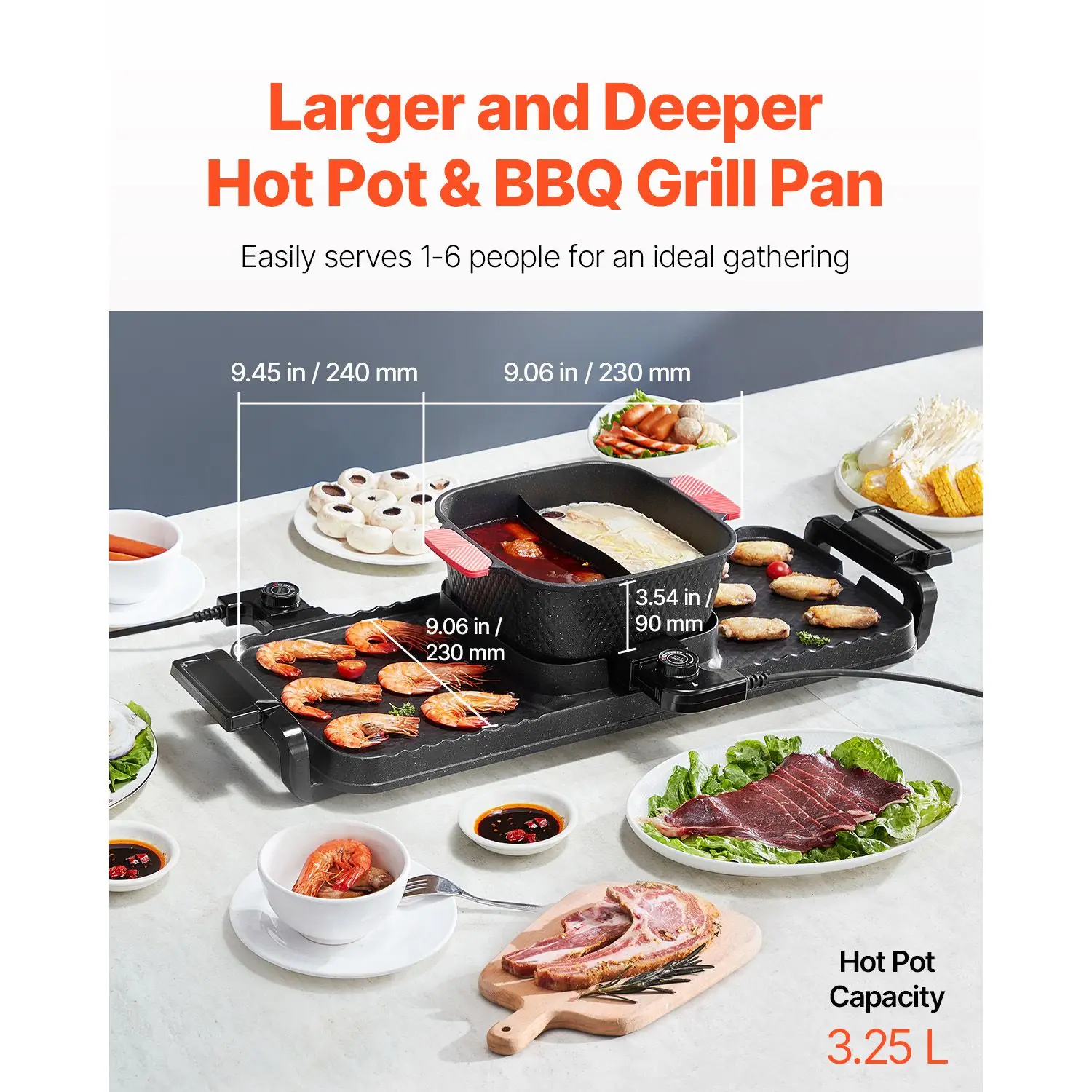 Hot Pot with Grill, 2300W 2-in-1 Electric Smokeless Grill and Hot Pot, Removable Shabu-shabu Hotpot with Non-stick Pan, Separate Dual Temperature Control, Indoor Korean BBQ for 1-6 People