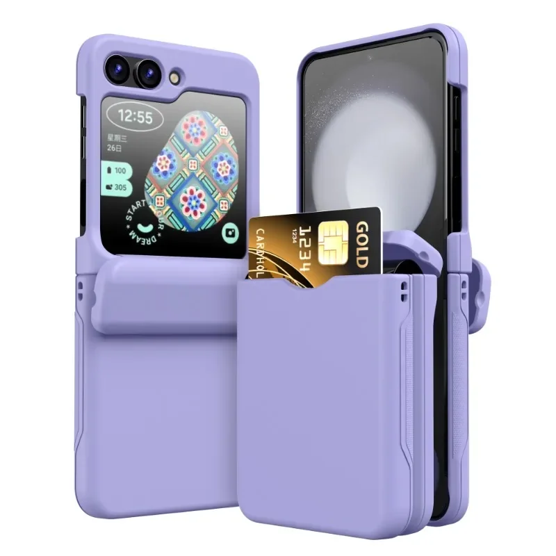 Plastic Full Hinge with Card Holder Phone Case for Samsung Galaxy Z Flip 6 5 4 3 Flip6 Flip5 Flip4 Flip3 5G Shockproof Cover