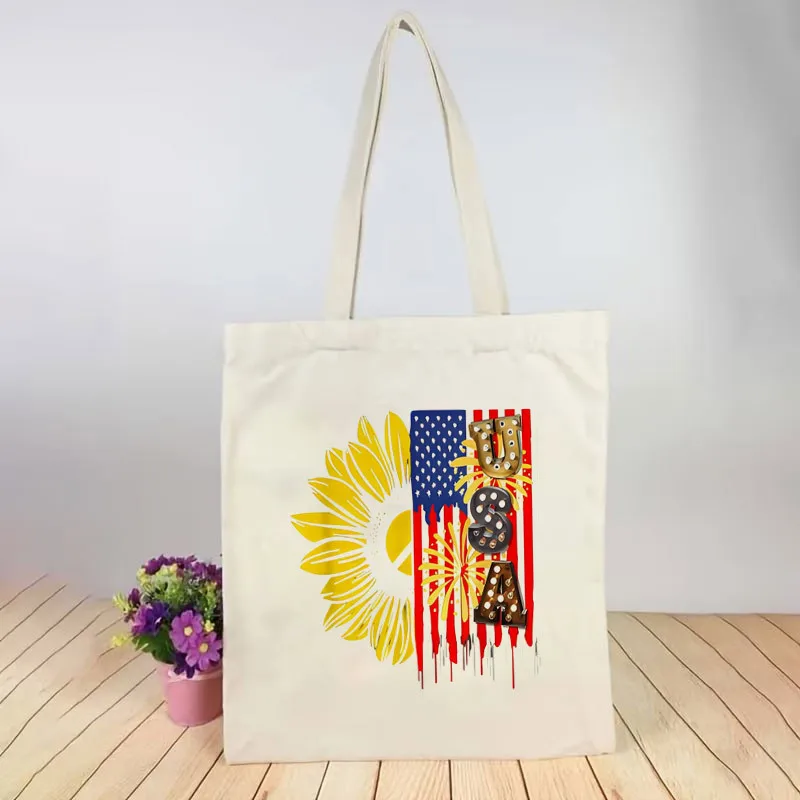 1 Printed Canvas Bag Sunflower Patriotic Theme Unisex Breathable Trucker Driver Portable White Crossbody Bag with Closure. Suita