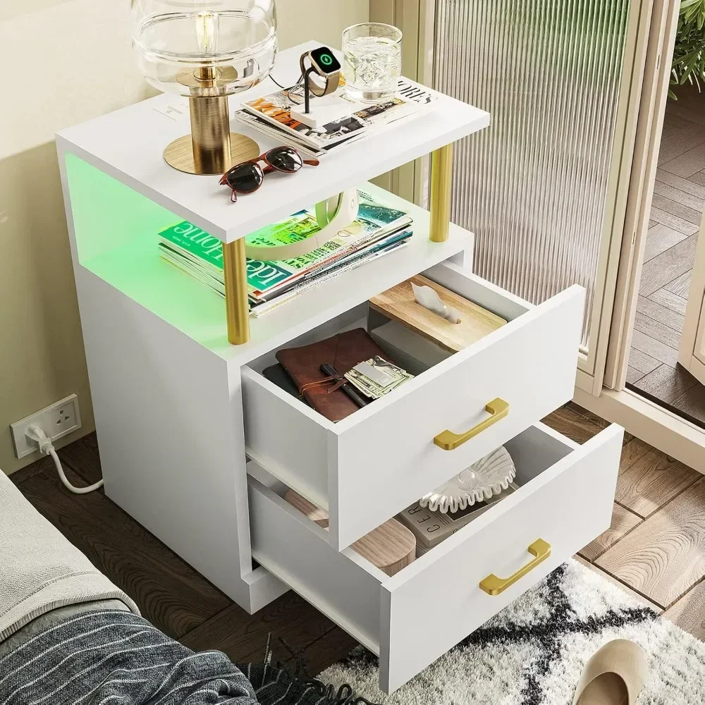 NightStands Set of 2 with Charging Station and USB Ports, End Side Tables with Open Storage, Bedside Tables, LED NightStands