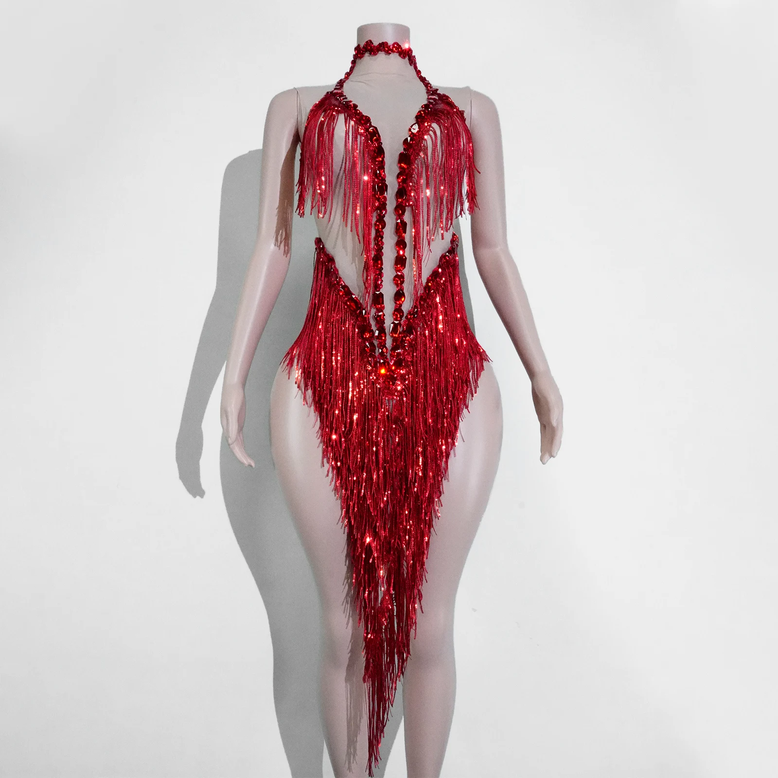 

Sexy Mesh See-through Red Rhinestone Fringed Short Dress Latin Stage Party Birthday Activity Clubwear Singer Performance Costume