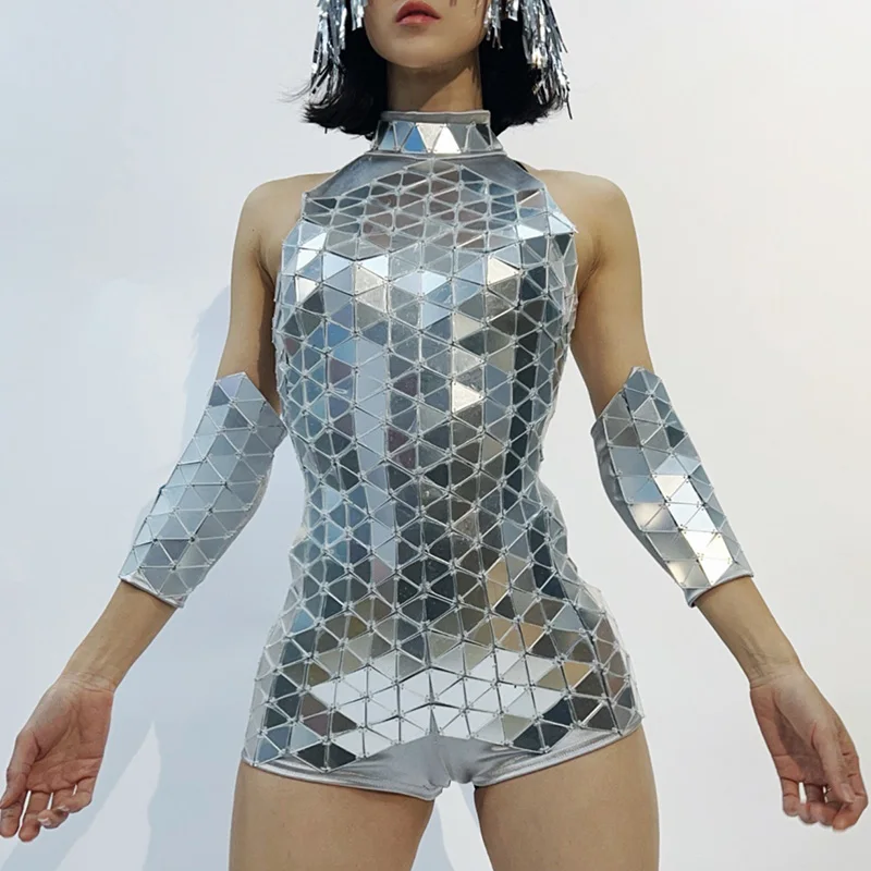 

Боди с серебряным зеркалом, женский сценический костюм Gogo Showgirl, наряд для выступлений, одежда Drag Queen, фестивальная вечеринка, одежда для рейва 4329