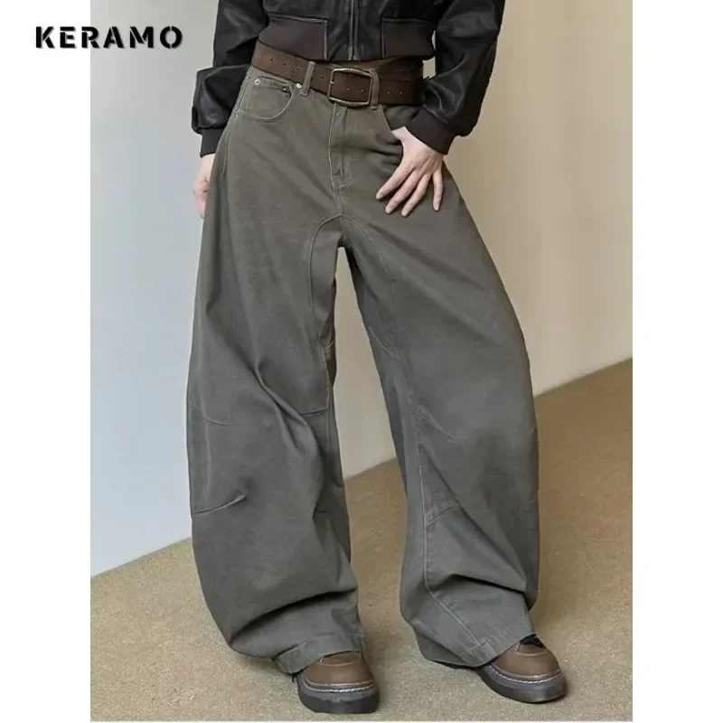 England Style Baggy High Waist Solid Color Denim Trouser Vintage Casual Washed Minimalist Pants Normcore Y2K Street Retro Jeans