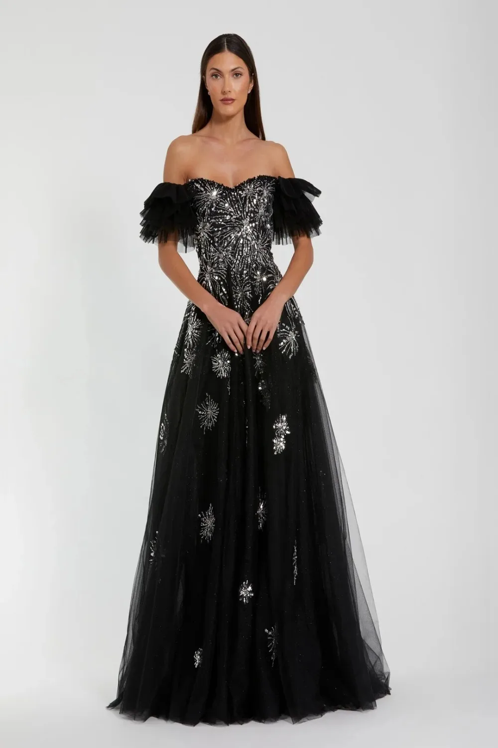 

Arya Black Elegant Evening Dress Lace for Floor-Length One Word Collar Beading Prom Dress Sequins Vestidos De Fiesta Customized