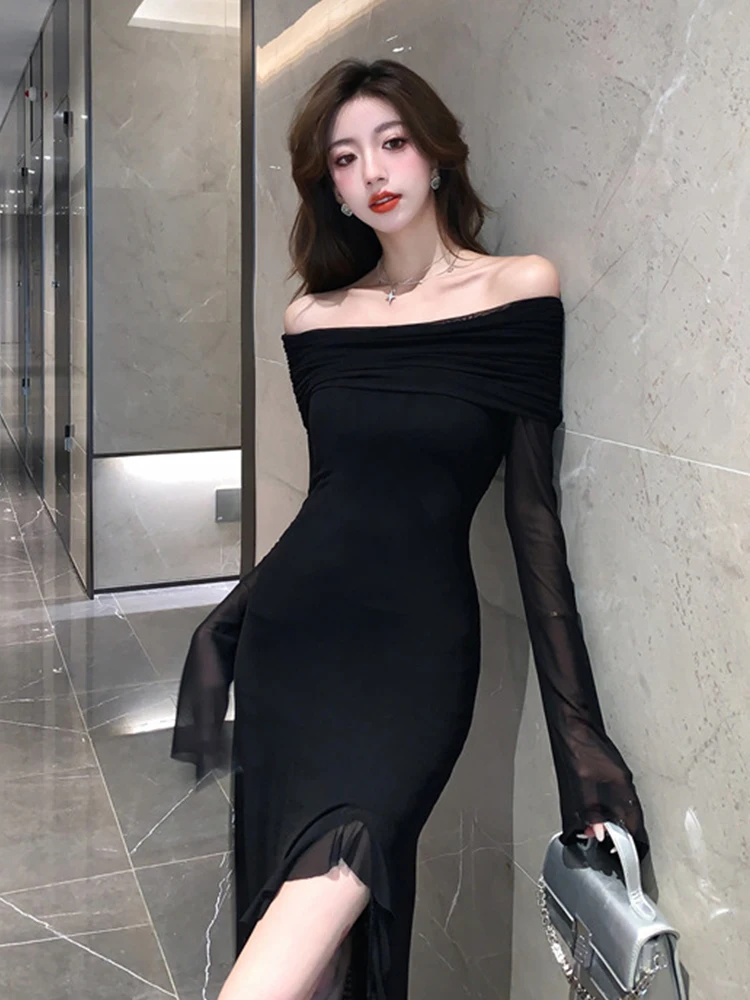 Women Clothes Mesh Black Sexy Off-Shoulder Skinny Maxi Long Evening Dress Elegant Lady Fashion Party Club Prom Vestidos Robe New
