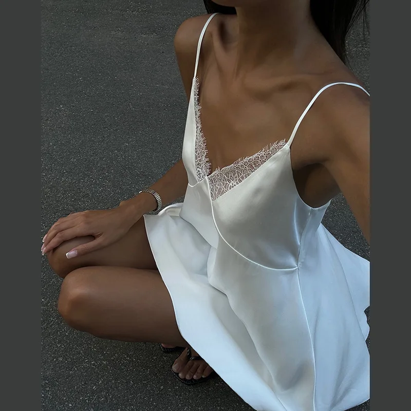 Summer 2024 Cross-Border Women's High-Waist V-Ne Bal Sexy  Color Strapl Dr Polyester ort Skirt Svel