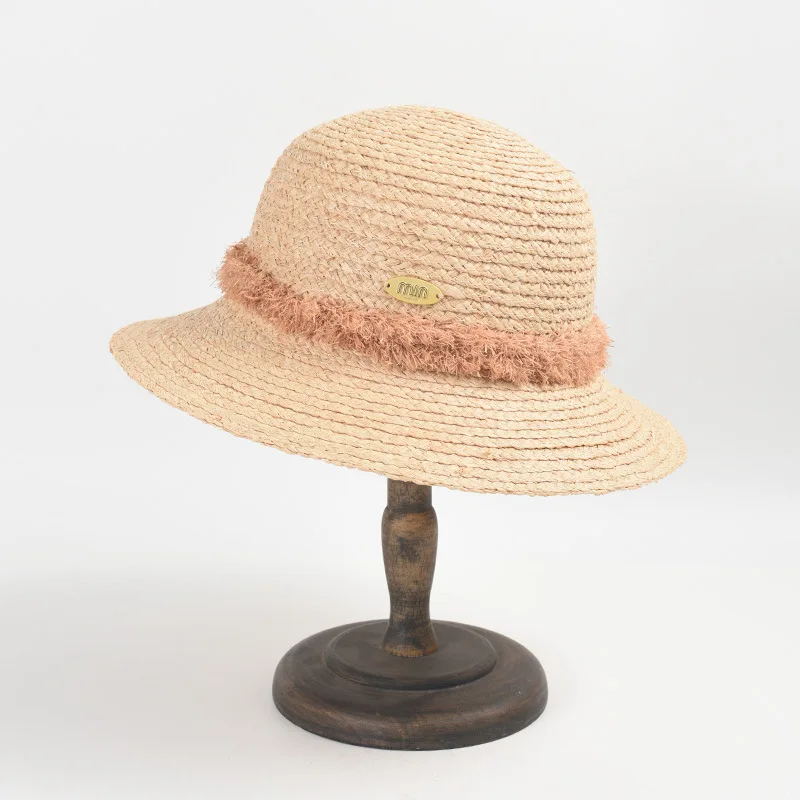 

USPOP 2024 Tightly Braided Raffia Sun Hat Beach Hats Women Solid Color Sun Hats Spring Summer Casual Round Top Straw Bucket Hat