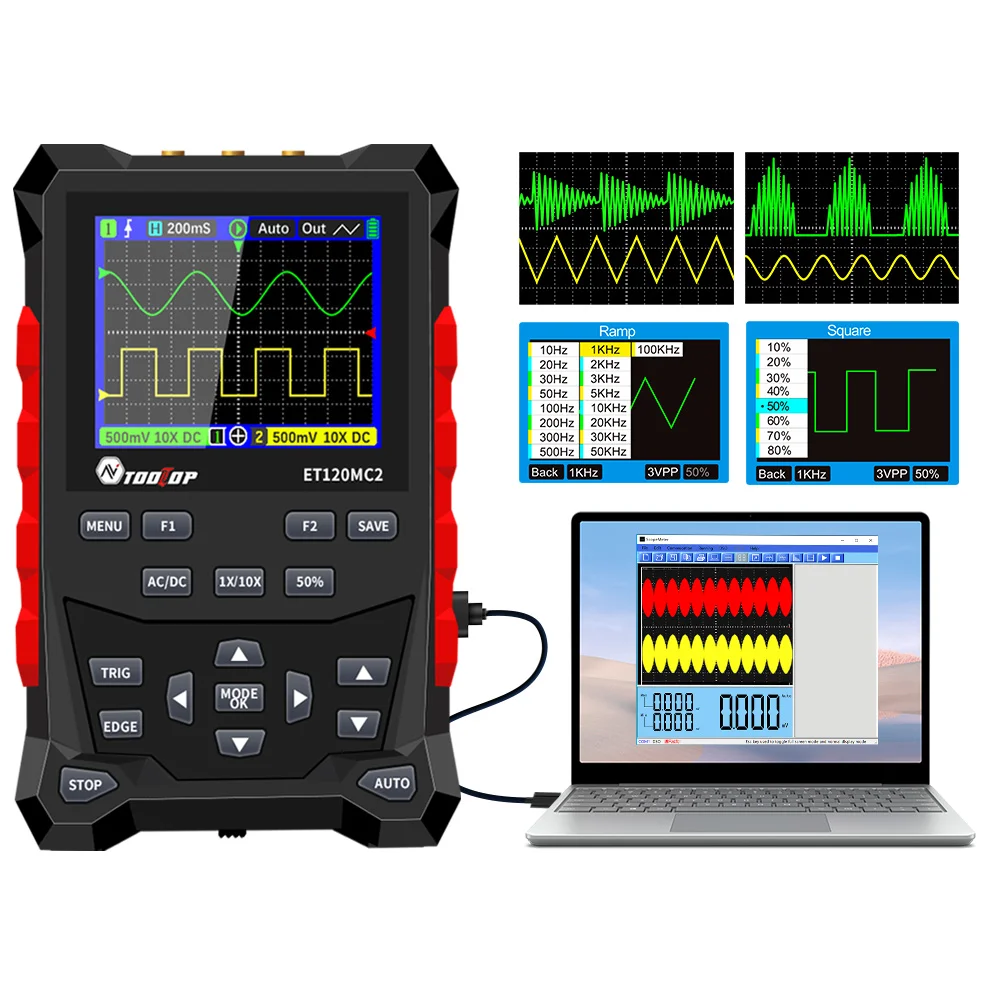 tooltop osciloscopio digital gerador de sinal seno quadrado onda triangular 500msa s taxa de amostragem 120mhz 10 khz100khz 01