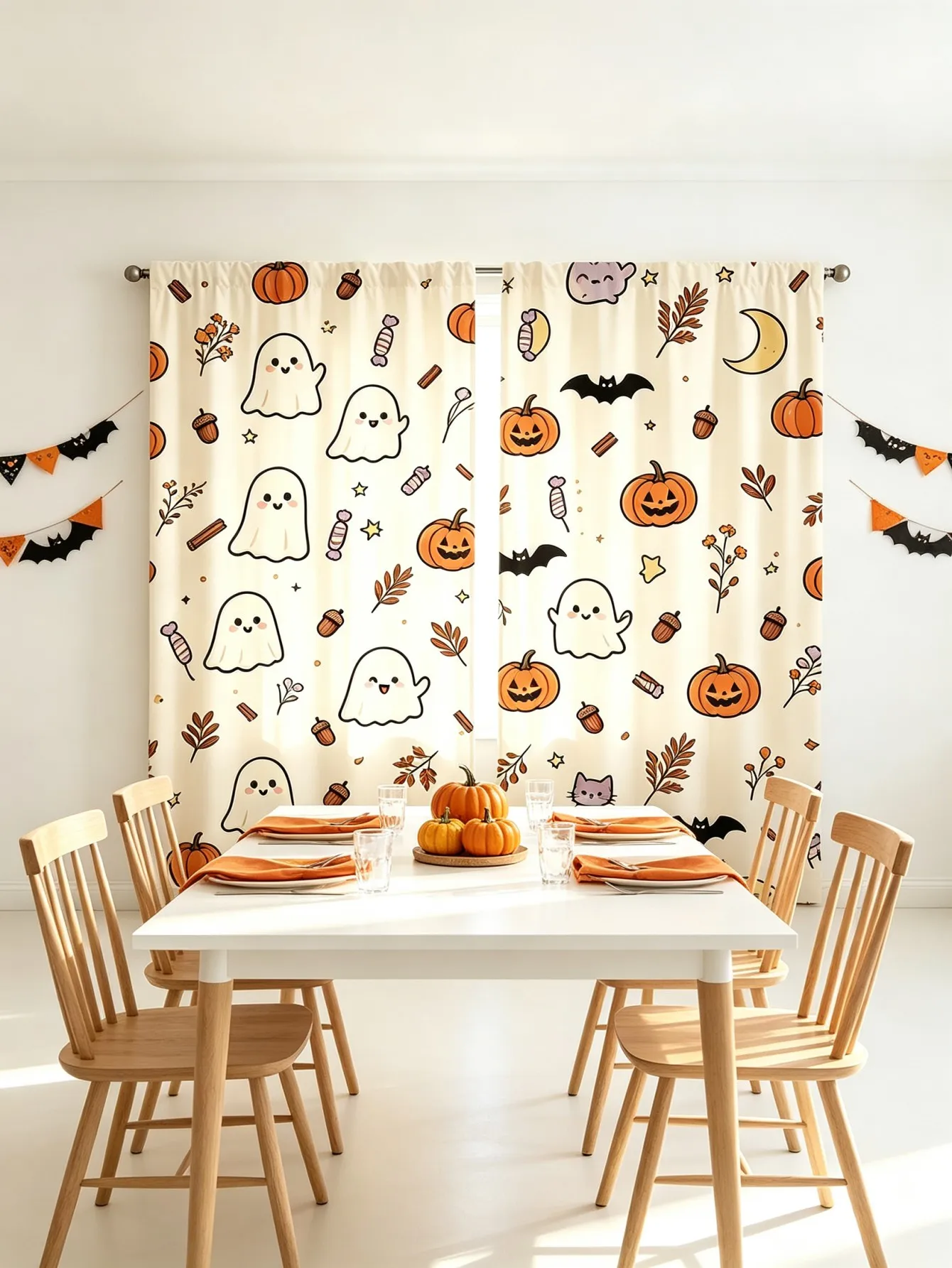 2PCS Digital Print Curtain, Cute Cartoon Ghosts Pumpkins Candy Bats, Kawaii Halloween Style for Kids Room Bedroom Decor