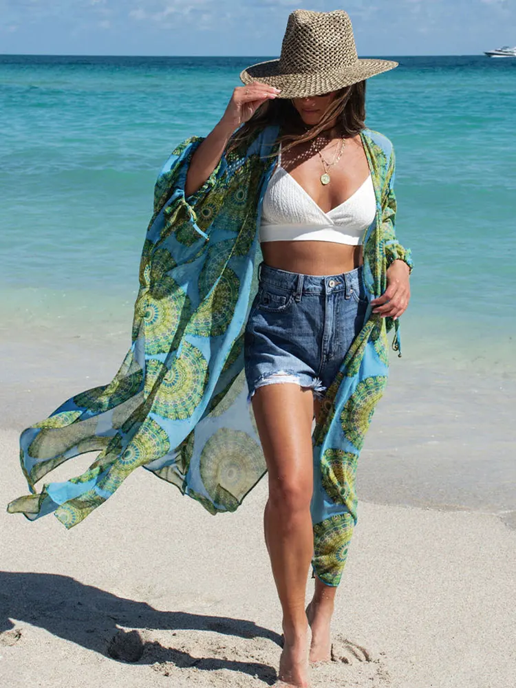 

Causal Printed Tunic Long Sleeve Kimono Sexy V-neck Beachwear Bikini Cover-ups Summer Women Clothing Loose Beach Dresses A2439