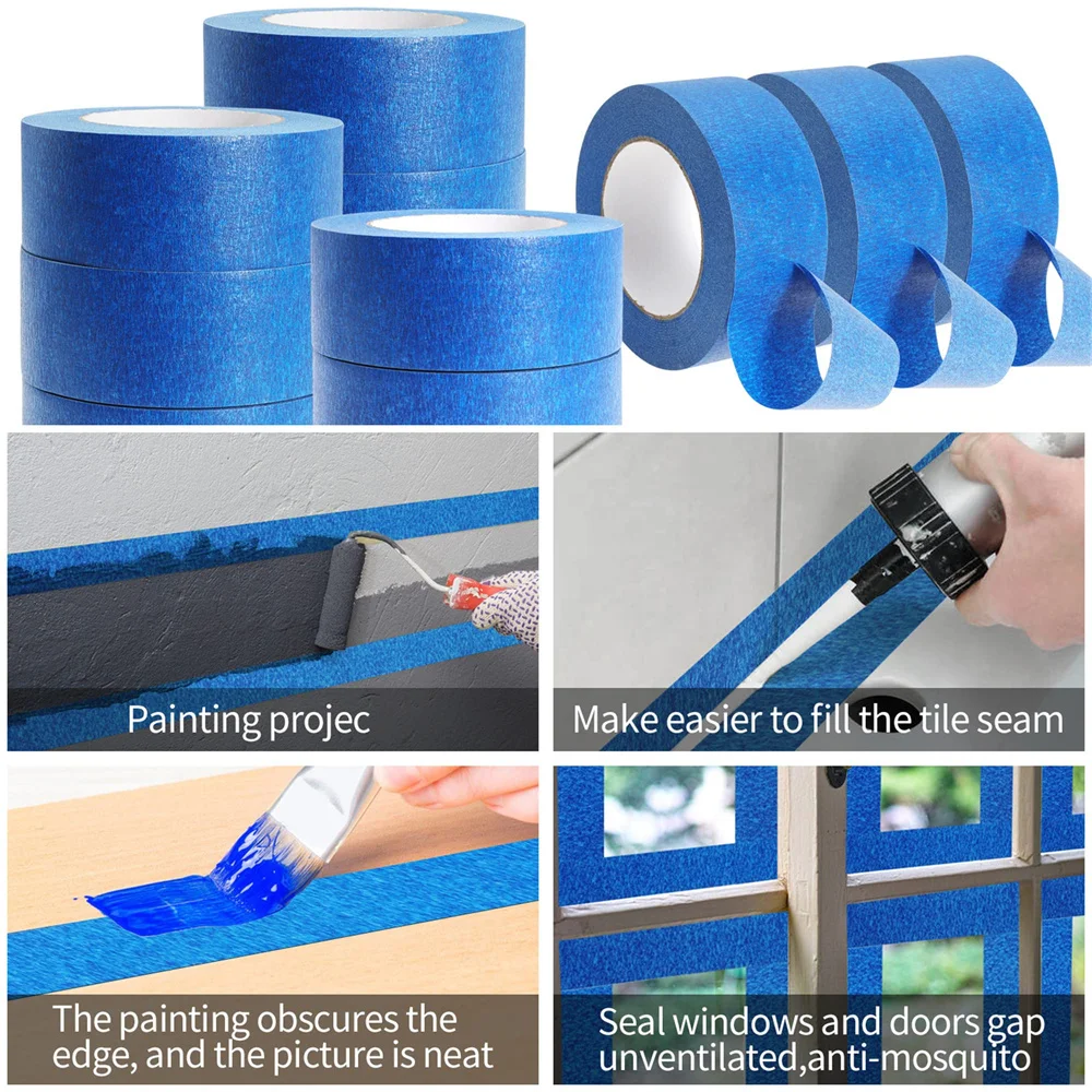 4 rolos/conjunto azul resistente pintor fita adesiva resistente às intempéries para projetos de pintura ao ar livre indoor sem resíduos fita esquerda
