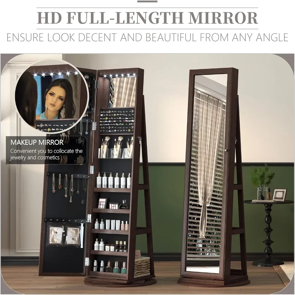 360° Swivel Jewelry Cabinet with Full-Length Mirror, Freestanding Jewelry Armoire, 360° Swivel Jewelry Cabinet for Bedroom