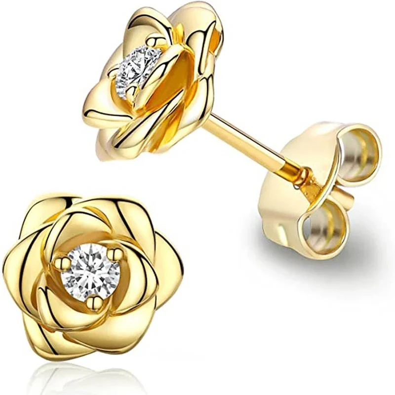 

Huitan Eternity Artificial Flower Stud Earrings with CZ Romantic Rose Faux Flower Ear Accessories for Women Daily Wear Elegant F