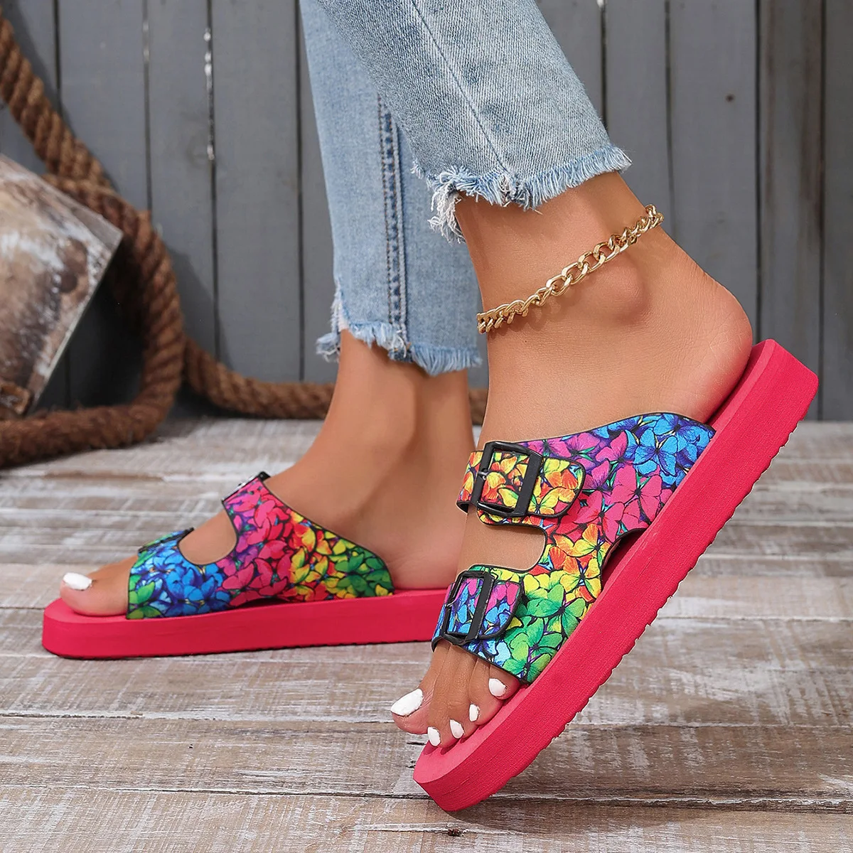 Women Double Buckle Slippers Summer Comfortable Casual Sandals Bohemian Style Non-slip Lightweight Shoes Sandalia Feminina