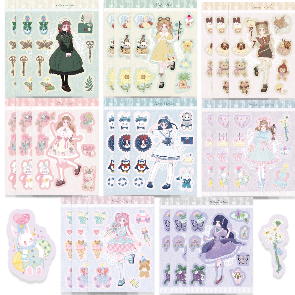 8pcs Cartoon Girl Series Sticker Collage DIY Kawaii Decorationl for Skateboard Laptop Scrapbook Waterproof Sticker Kids Toy