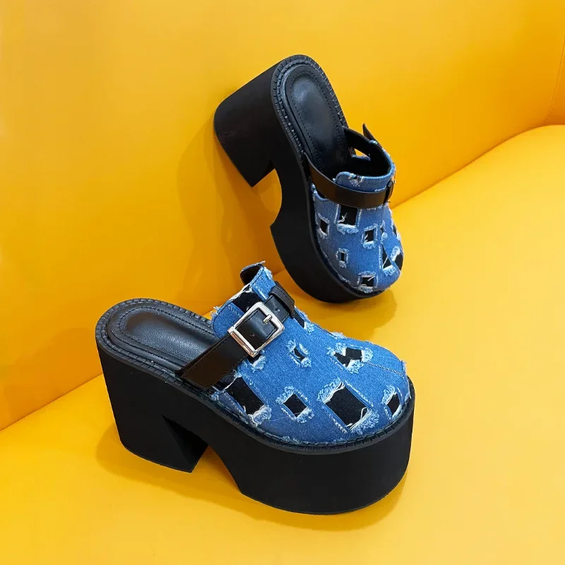 

Women High Heel Shoes Sexy Slippers Thick-heeled Denim Ripped Toe Head Slippers Height Increasing Toe Shoes Plus Size 35-43