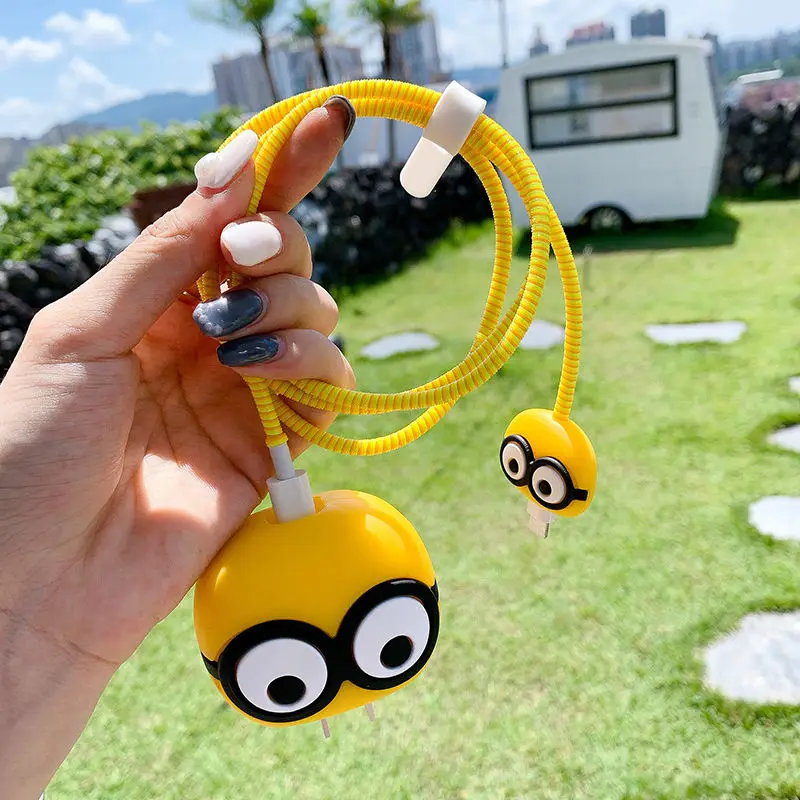 Cute 3D Yellow Big Eyes 18W 20W iphone Ipad Fast Charger Protector Case Cover,USB Data Cable Case Winder For iphone 15 14 12