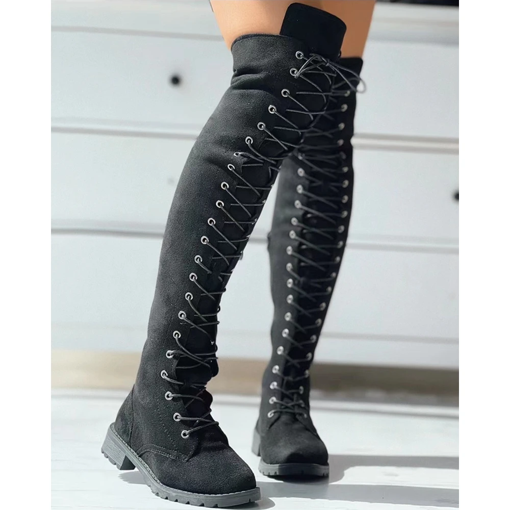 Fashion Women Over-the-Knee Eyelet Lace-up Over The Knee Boots Femme Heels Elegant Boots Party Casual Shoes Korean