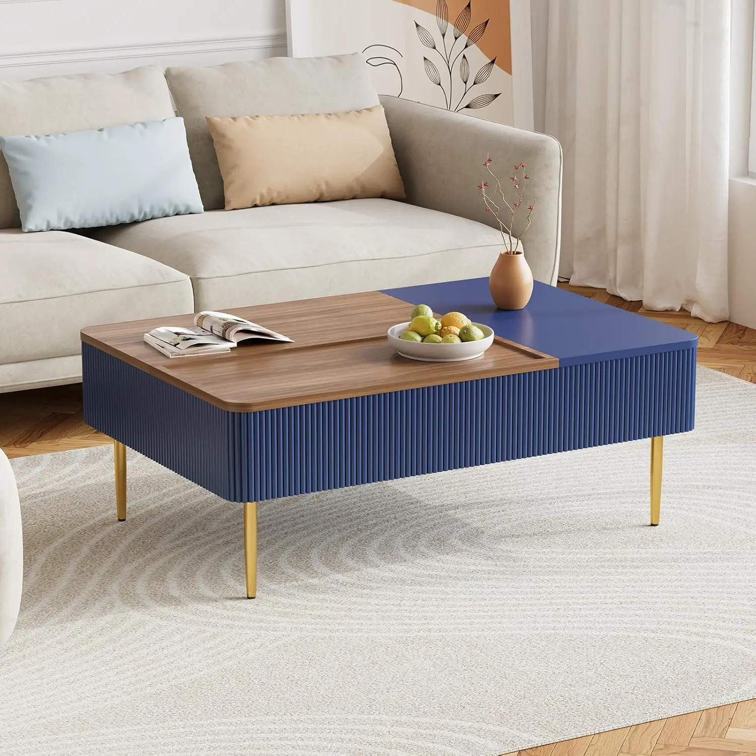 47" Dual Lift Top Coffee Table With Storage, Modern Wood Fluted Coffee Table With Hidden Compartment,Lift Tabletop Dining Center