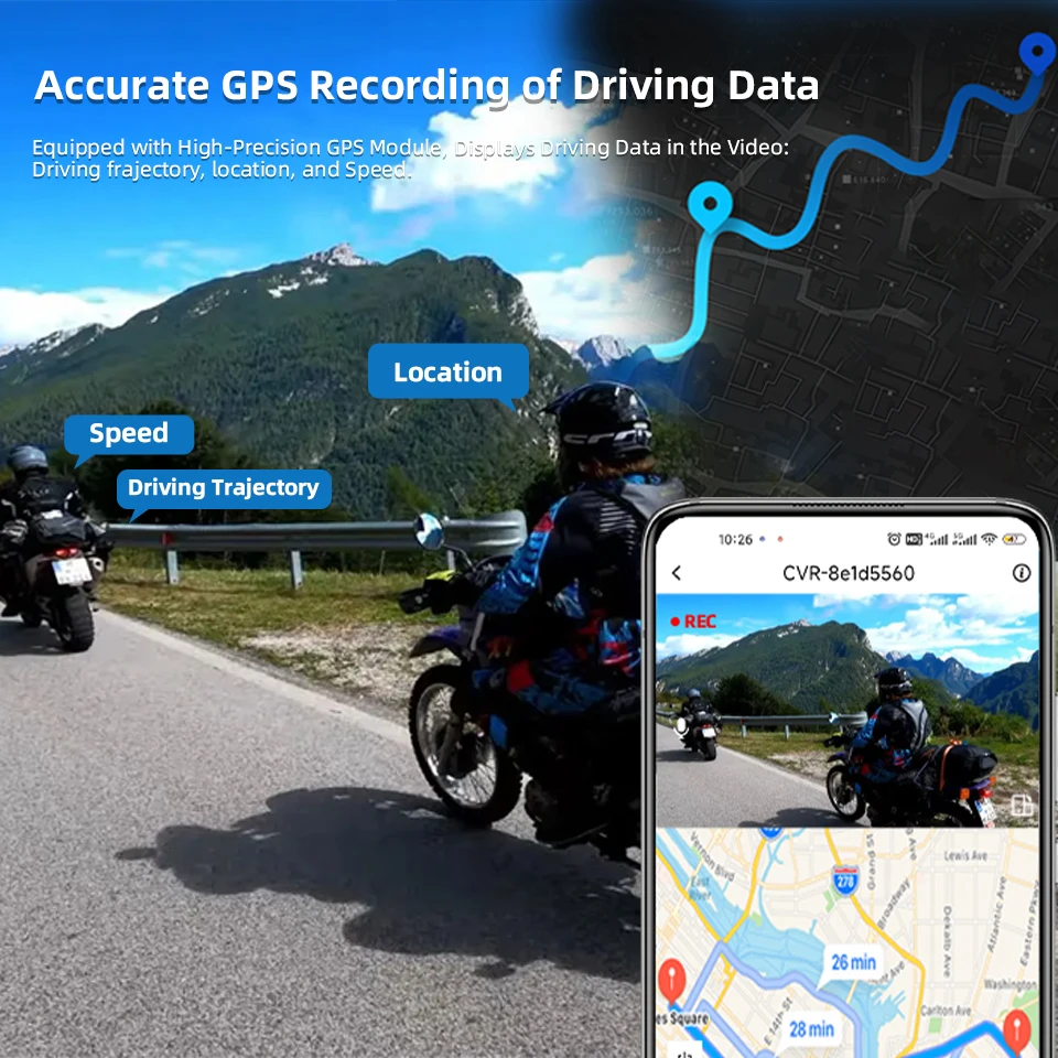 Gravador de Vídeo para Carro e Moto com Tela HD de 5 Polegadas, Navegador Carplay Android Auto, Gravador à Prova d'Água com Bluetooth Duplo