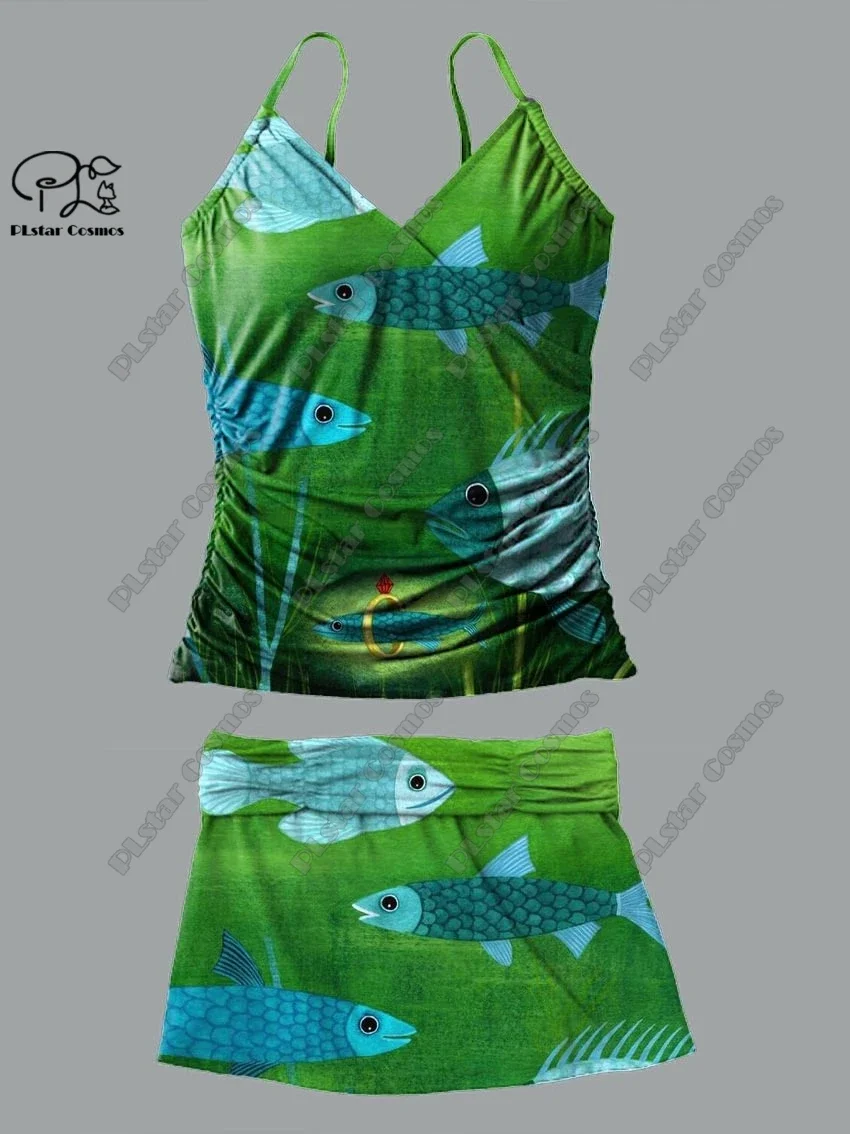 Frauen V-Ausschnitt Sommer kleine frische Blumen fisch Print Hosenträger Rock Stil zweiteiligen Badeanzug Anzug Urlaub neue Badeanzug Y-5