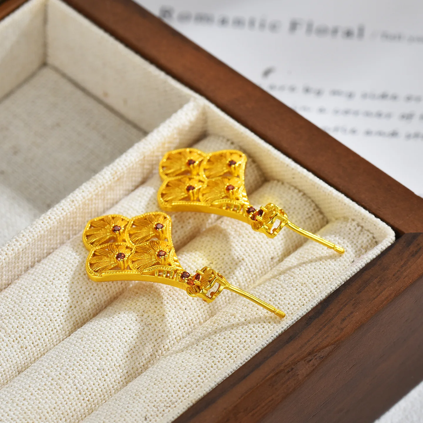 AU999 24K pure gold women hollow maple leaf red diamond inlaid stud earrings, autumn delicate gold ear jewelry for ladies daily