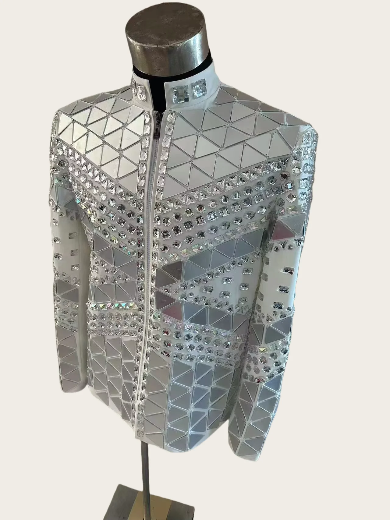 Handmade Royal Style Silver Lens Sequined Slim Jacket Stage Show Performance Coat Bar Club Singer Dance Dress