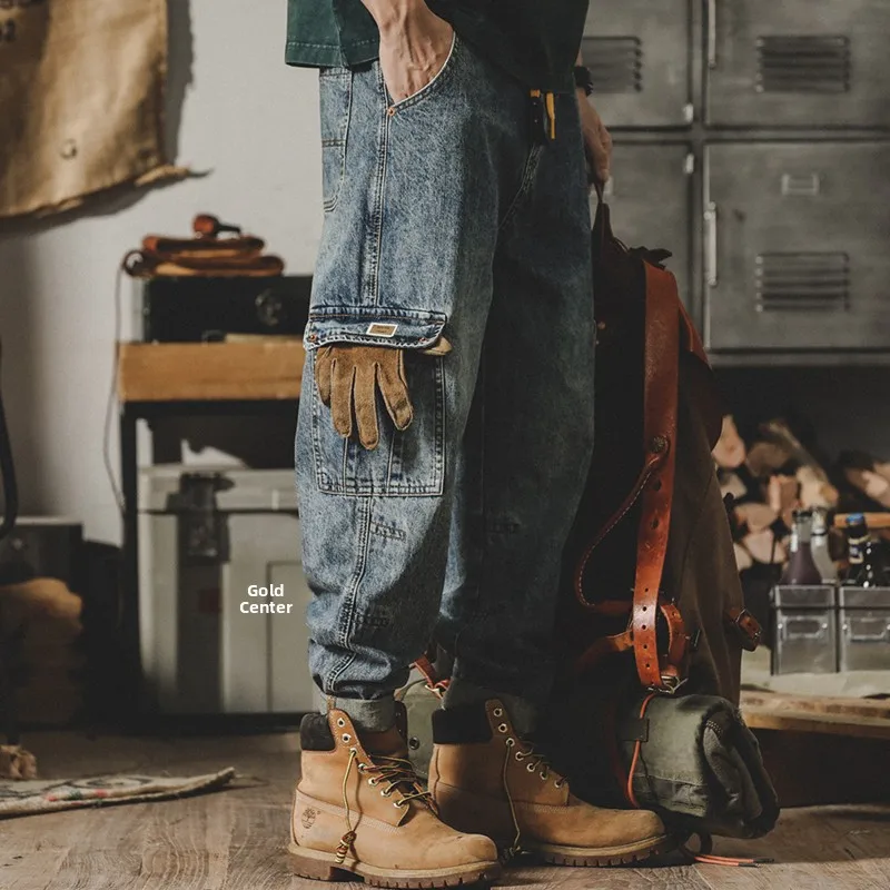 

American Sle Heavy Du Workwear Pants Men's Loose Straight Leg Trendy Jeans Vintage Waed Autumn Season Casual Cotton