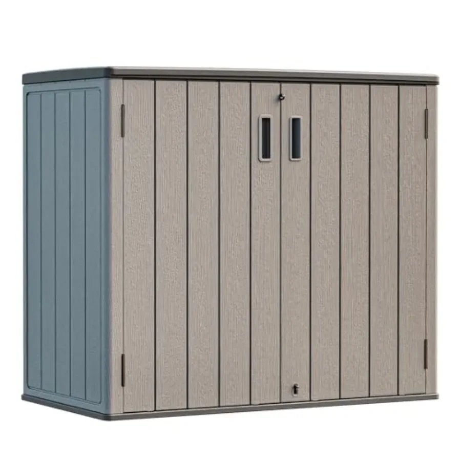 Outdoor storage shed for patio, garden lawn use; weather-resistant resin material; gray color; double-layer plastic constructio
