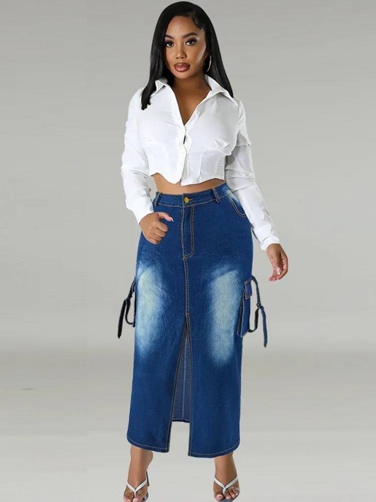 Plus Size Clothes 2024 Women's Button A-line Side Split High Waist Denim Skirt Office Lady Midi Jean Skirts Autumn Winter Skirt