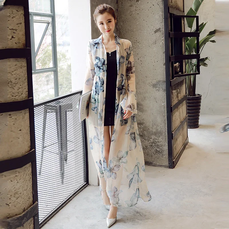 2023 Lightweight Flower Printed Chiffon Cardigan Women Maxi Oversized dress  Fashion Female Long  Kimonos cape coats