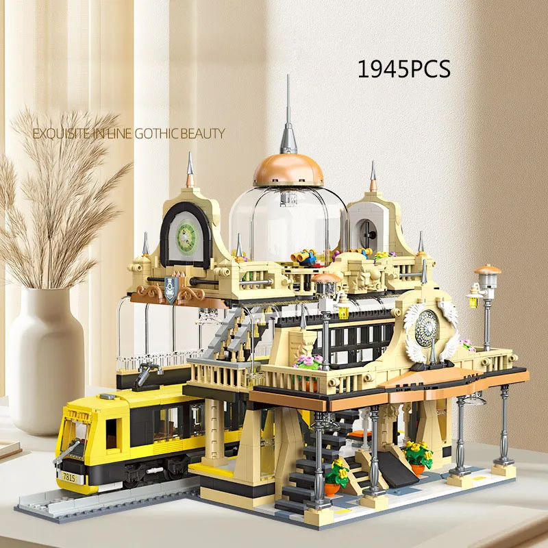

Creative Bricks City Street View Europe Railway Train Station Model Construction Building Block Educational Toy With Light