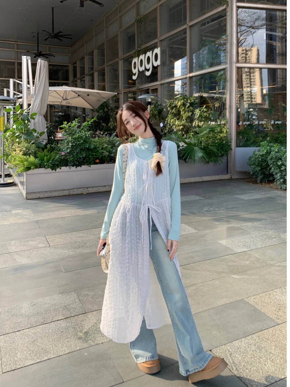 Early Spring Korean Style Ins Gentle Double-Sided Wear White Lace Vest Dress Long Sleeve Base Shirt Set High Waist H-Shape