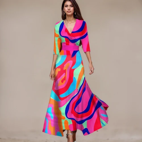 Imagen 1 del producto Vestidos estampados coloridos a la moda, vestido elegante con temperamento y cuello en V, vestido de fiesta de siete mangas, bata informal, ropa para mujer, Vestidos