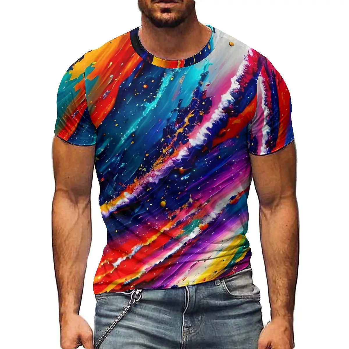 

2025 Summer Men's Colorful and Dynamic 3D Printed Short Sleeved T-shirt, Gym Exercise, Running, Lightweight Design, Perfect Choi