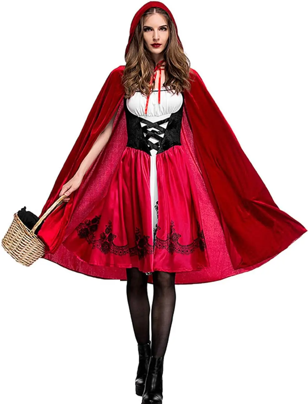 Disfraz de Caperucita Roja para mujer, disfraz de Halloween, traje de Caperucita Roja, bata, capa, longitud completa con capucha