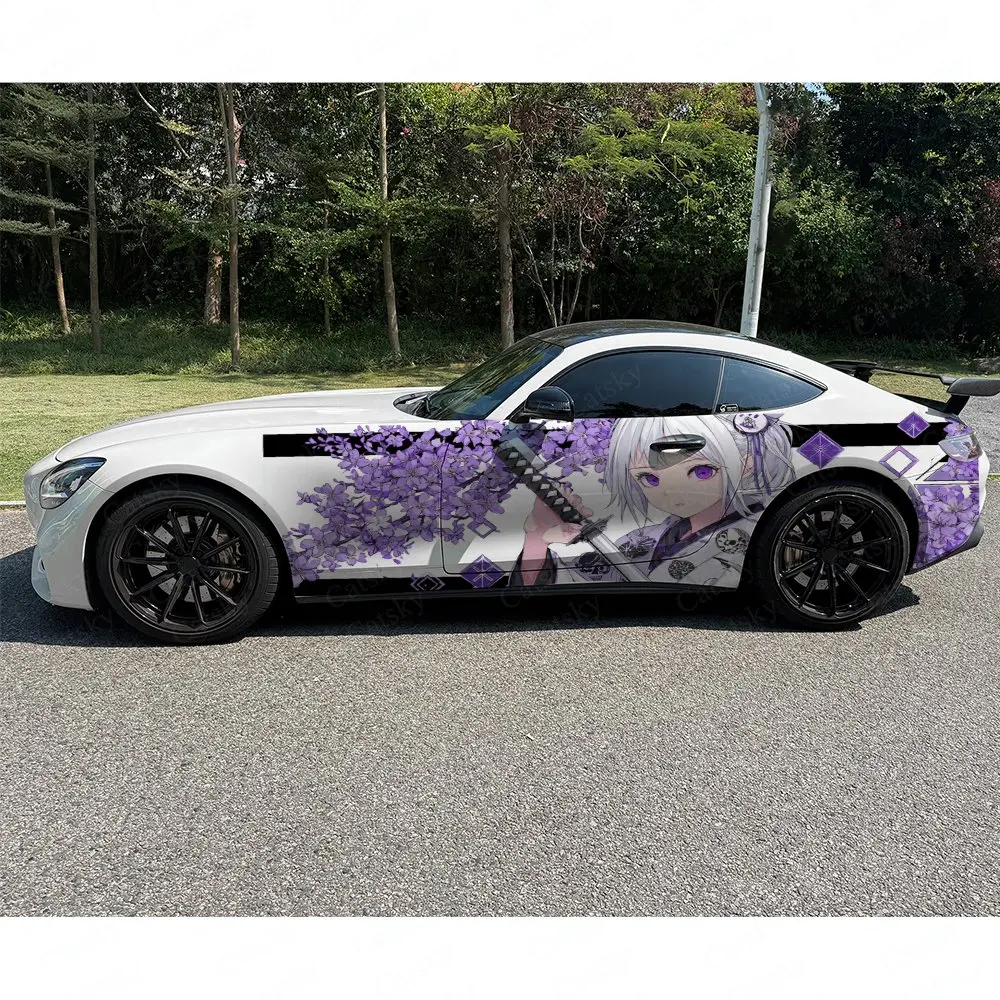 2pcs Purple Flower Samurai Girl Car Side Wraps, Self-Adhesive PVC Waterproof & Scratch-Resistant Stickers, Car Accessory Gift view 3