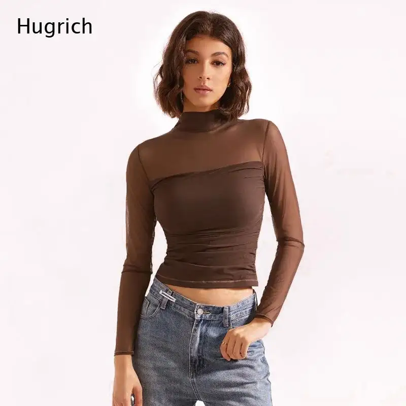 Damen Sexy Transparentes Mesh-Oberteil mit Langen Ärmeln und Stehkragen - Figurbetonte Durchsichtige Crop-Bluse für Sommer-Partys, Clubnächte und Streetwear