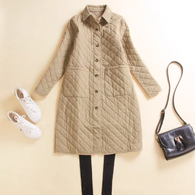 High-End Women's Autumn Winter Thickened Cotton Shirt Casual Loose Diamond Pattern Warm Outerwear Long Sleeve  Collar