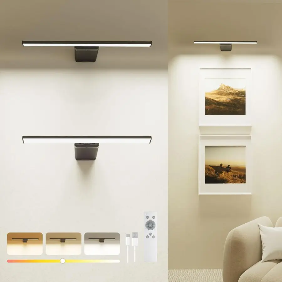 

Pack Picture Light for Wall Rechargeable Art Light with Remote, 3 Colors amp 5 Brightness Levels, 12000mAh Battery Operated Ligh