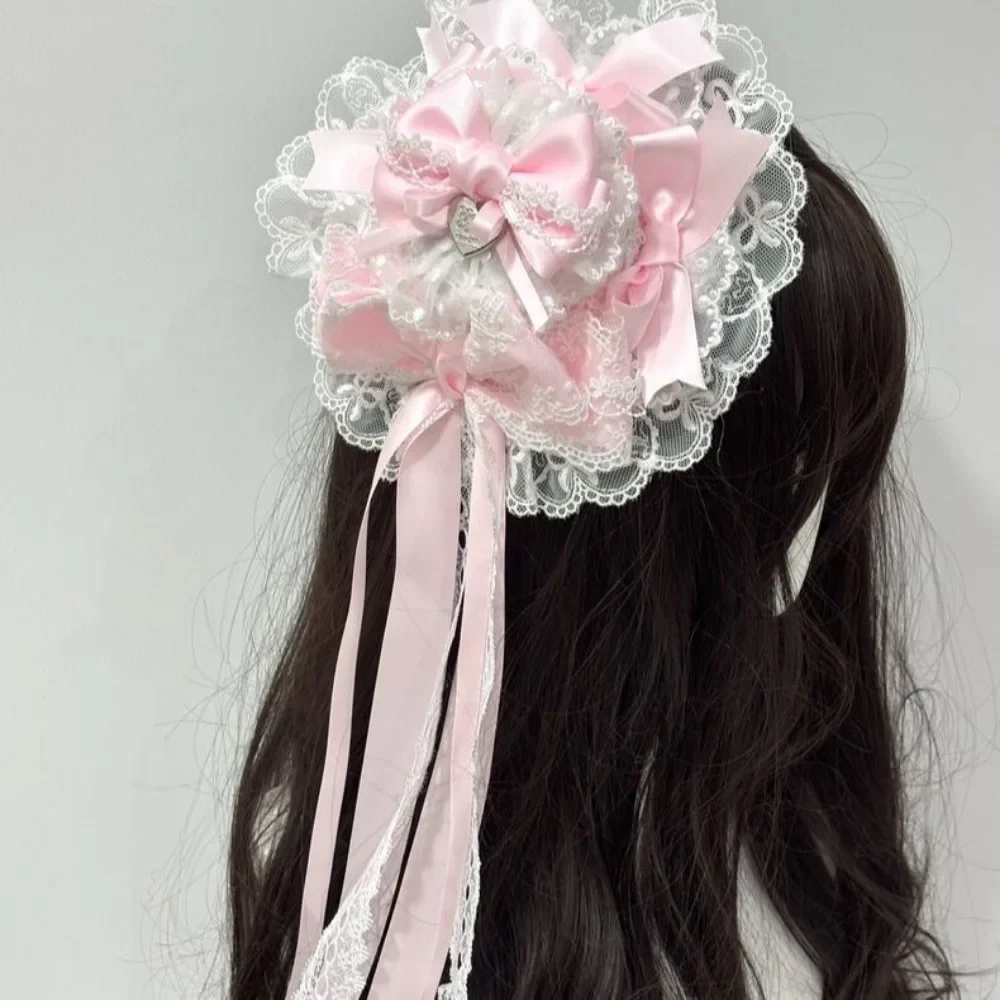 Ribbon Pink Bow Hairband with Hairpins Girls Lolita Lace Ruffled Headband Sweet Bowknot Anime Maid Cosplay Headdress Gifts