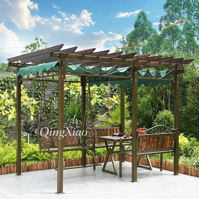 Patio Garden Pergola with Swing Chair Water Proof Anti-UV Outdoor Gazebo Pavilion for Backyard Deck and Courtyard Wrought Iron