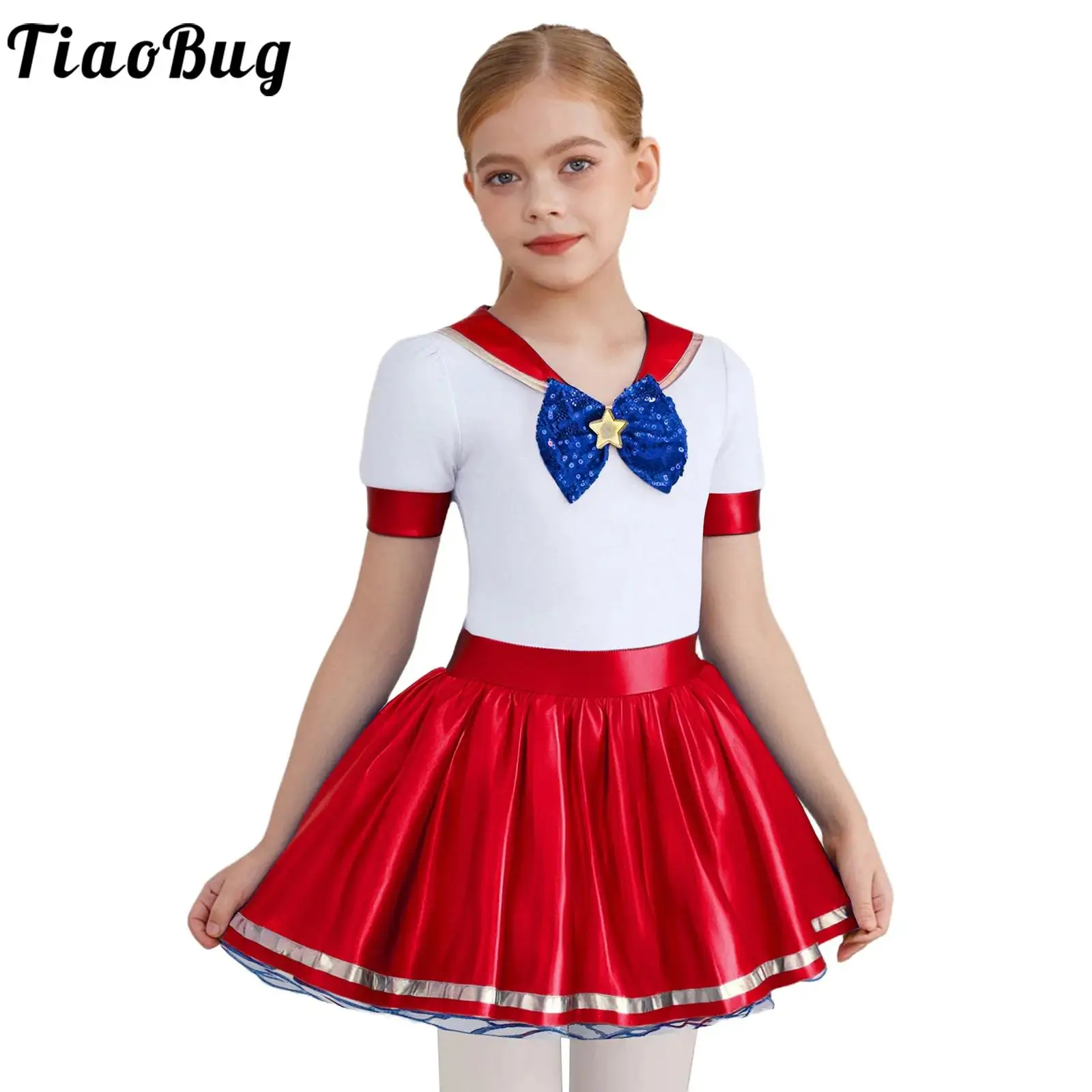 

Girls Sailor Costume Halloween Cosplay Party Gown Metallic Crew Neck Short Sleeve Bow Tie Ruffled Tutu Dress Dancewear